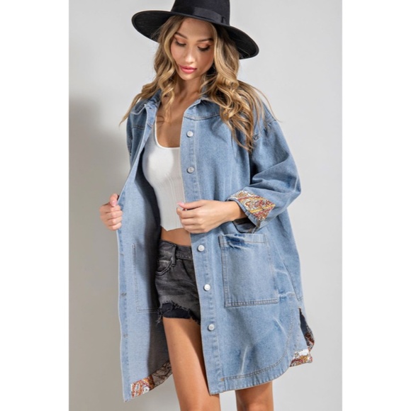 SOLD OUT Denim Blue Mineral Washed Oversized Long Jacket w/ Paisley Cuff Detail - Picture 4 of 11